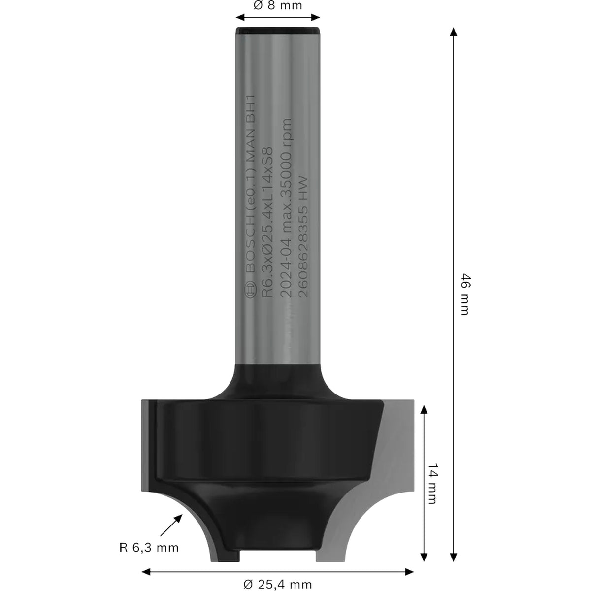 BOSCH PRO Router Bit Ovolo, R 6.3, Shank 8 mm 2608628355