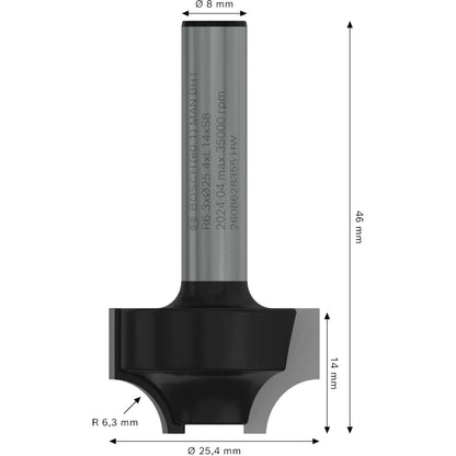BOSCH PRO Router Bit Ovolo, R 6.3, Shank 8 mm 2608628355