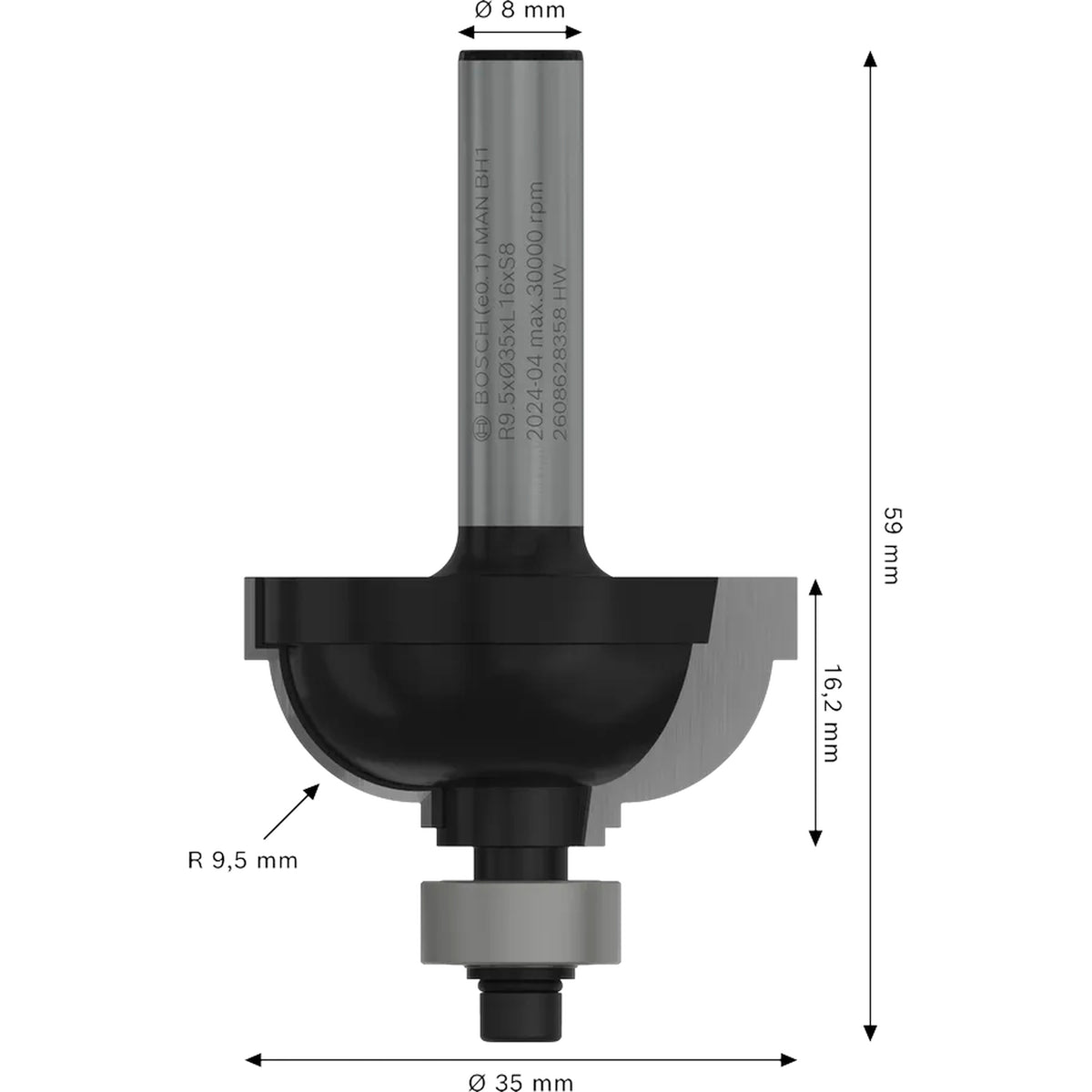 BOSCH PRO Router Bit Classical Cove, R 9.5, Shank 8 mm 2608628358
