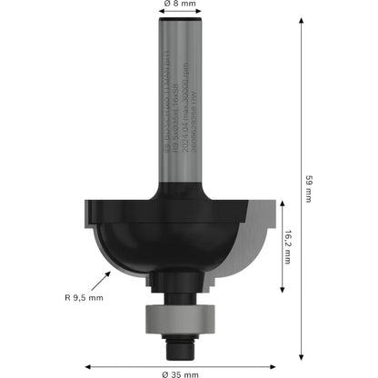 BOSCH PRO Router Bit Classical Cove, R 9.5, Shank 8 mm 2608628358