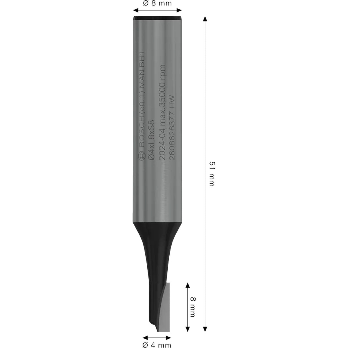 BOSCH PRO Router Straight Bit, One Flute, Ø 4 x L 8, Shank 8 mm 2608628377