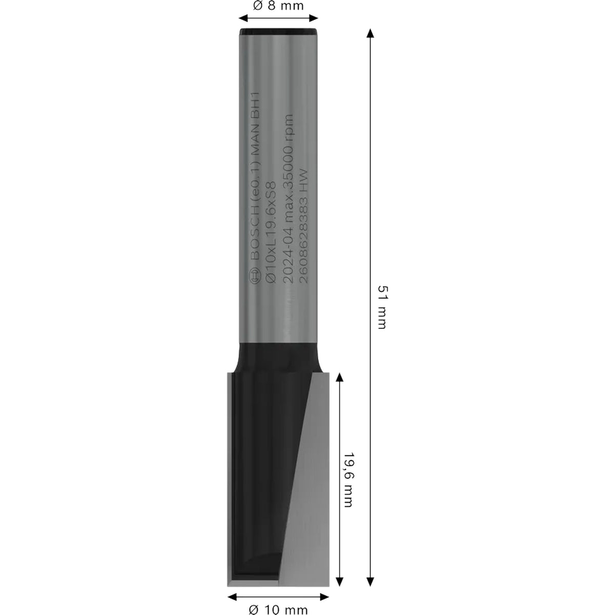 BOSCH PRO Router Straight Bit, Two Flutes, Ø 10 x L 19.6, Shank 8 mm 2608628383