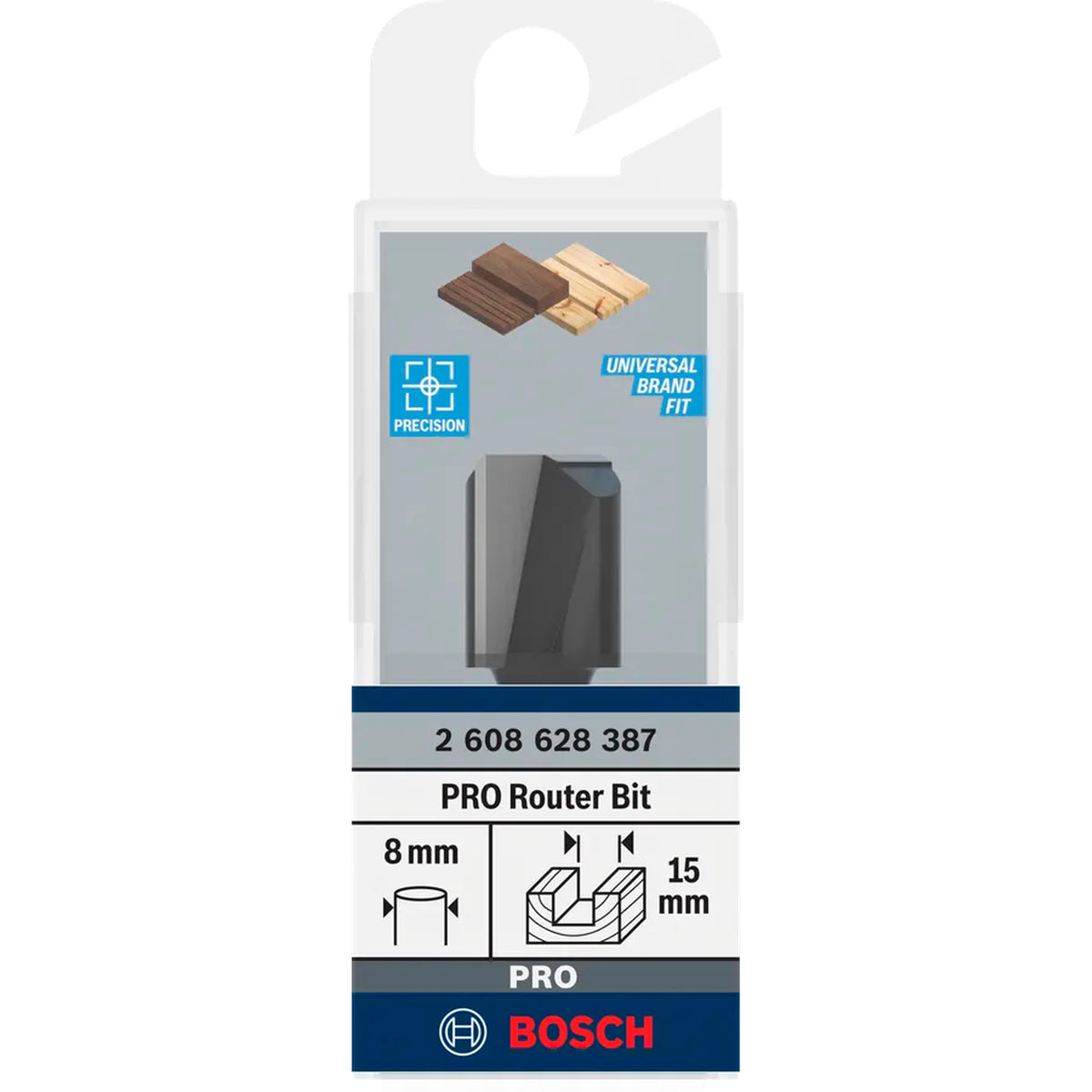 BOSCH PRO Router Straight Bit, Two Flutes, Ø 15 x L 19.6, Shank 8 mm 2608628387