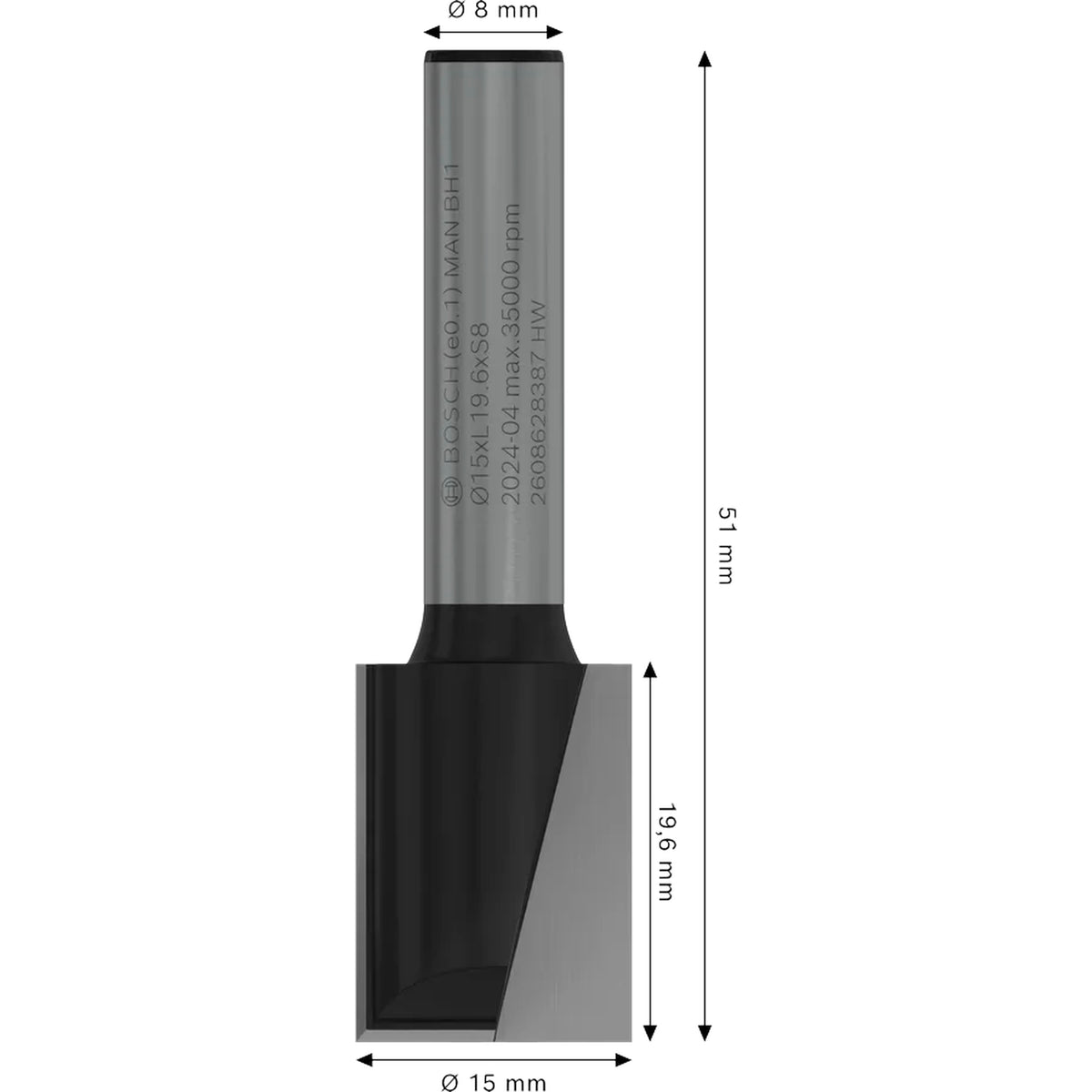 BOSCH PRO Router Straight Bit, Two Flutes, Ø 15 x L 19.6, Shank 8 mm 2608628387