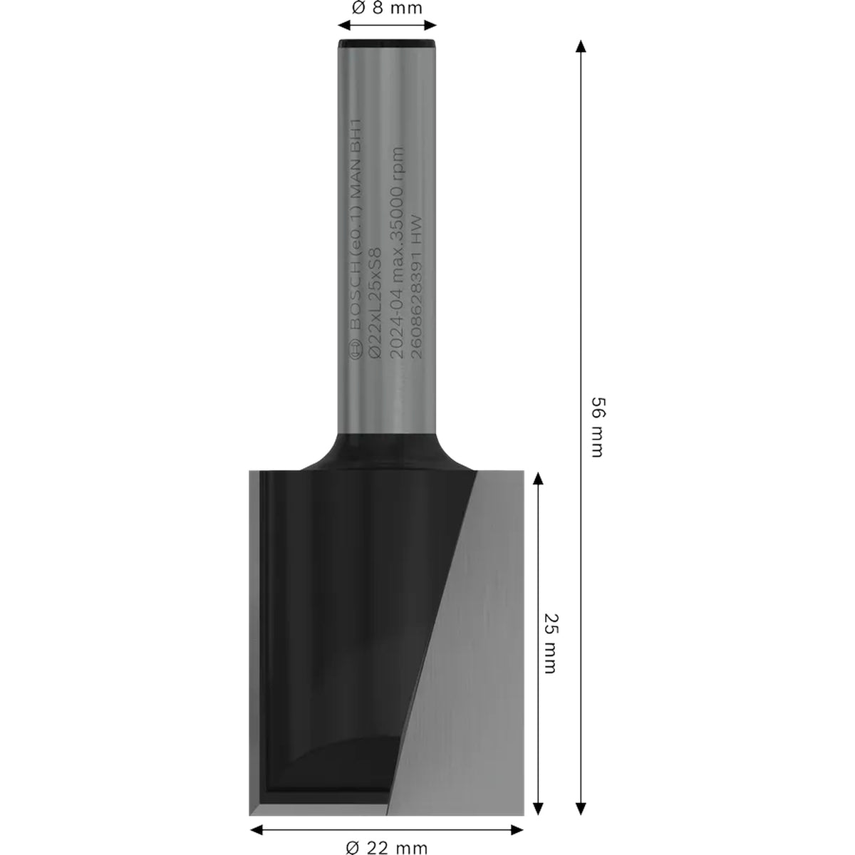 BOSCH PRO Router Straight Bit, Two Flutes, Ø 22 x L 24.6, Shank 8 mm 2608628391