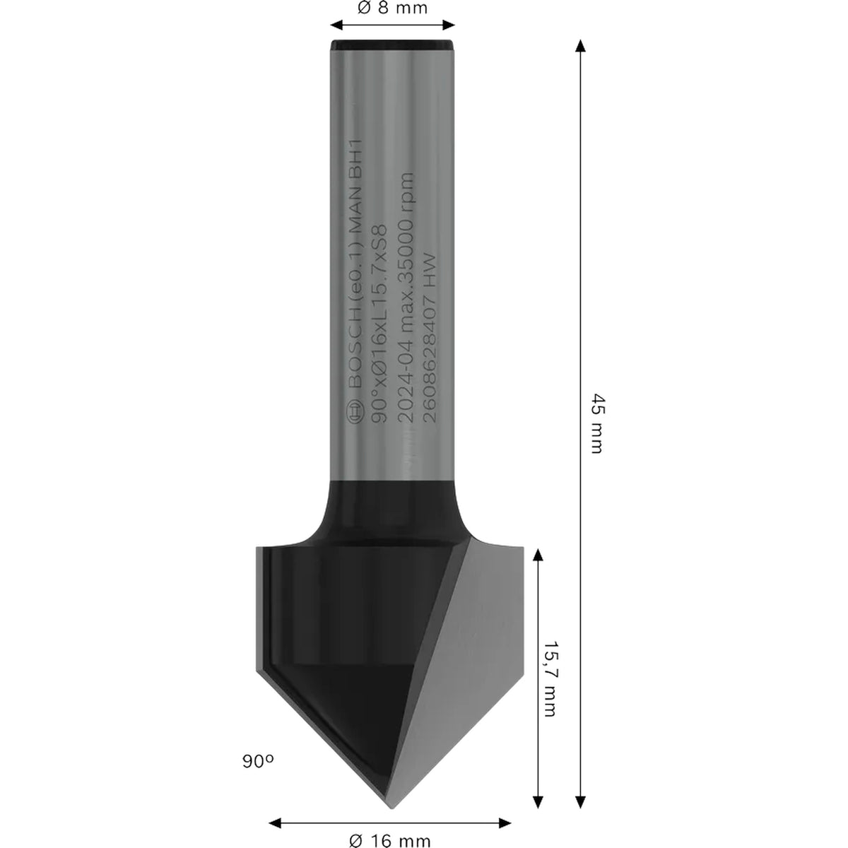 BOSCH PRO Router Bit V-Groove, 90° x Ø 16, Shank 8 mm 2608628407