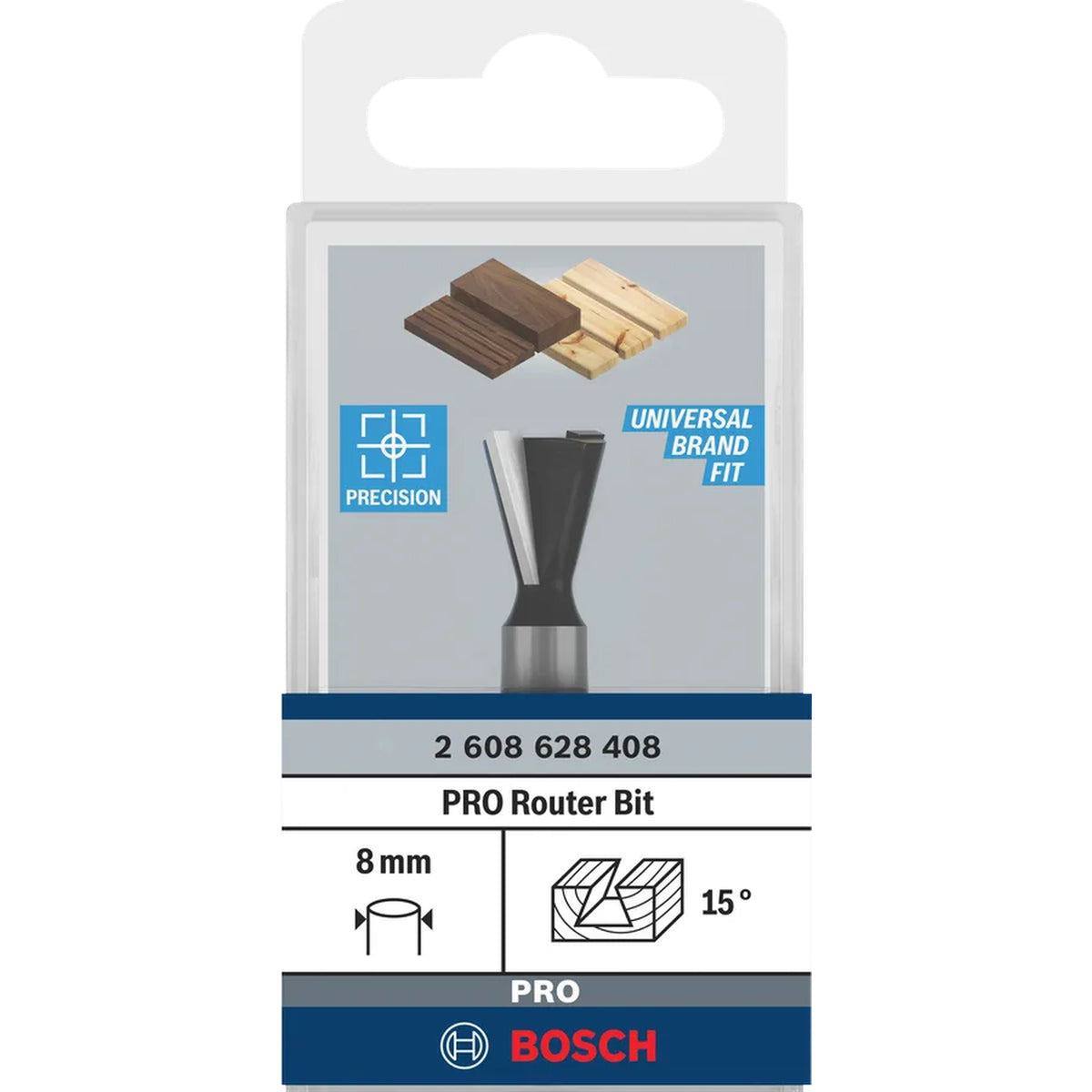 BOSCH PRO Router Dovetail Bit, 15°, Shank 8 mm 2608628408