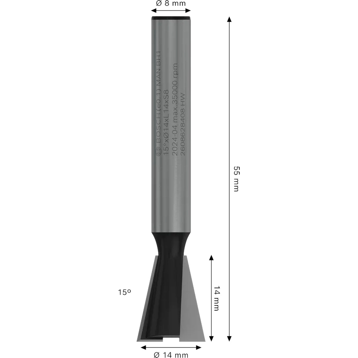 BOSCH PRO Router Dovetail Bit, 15°, Shank 8 mm 2608628408