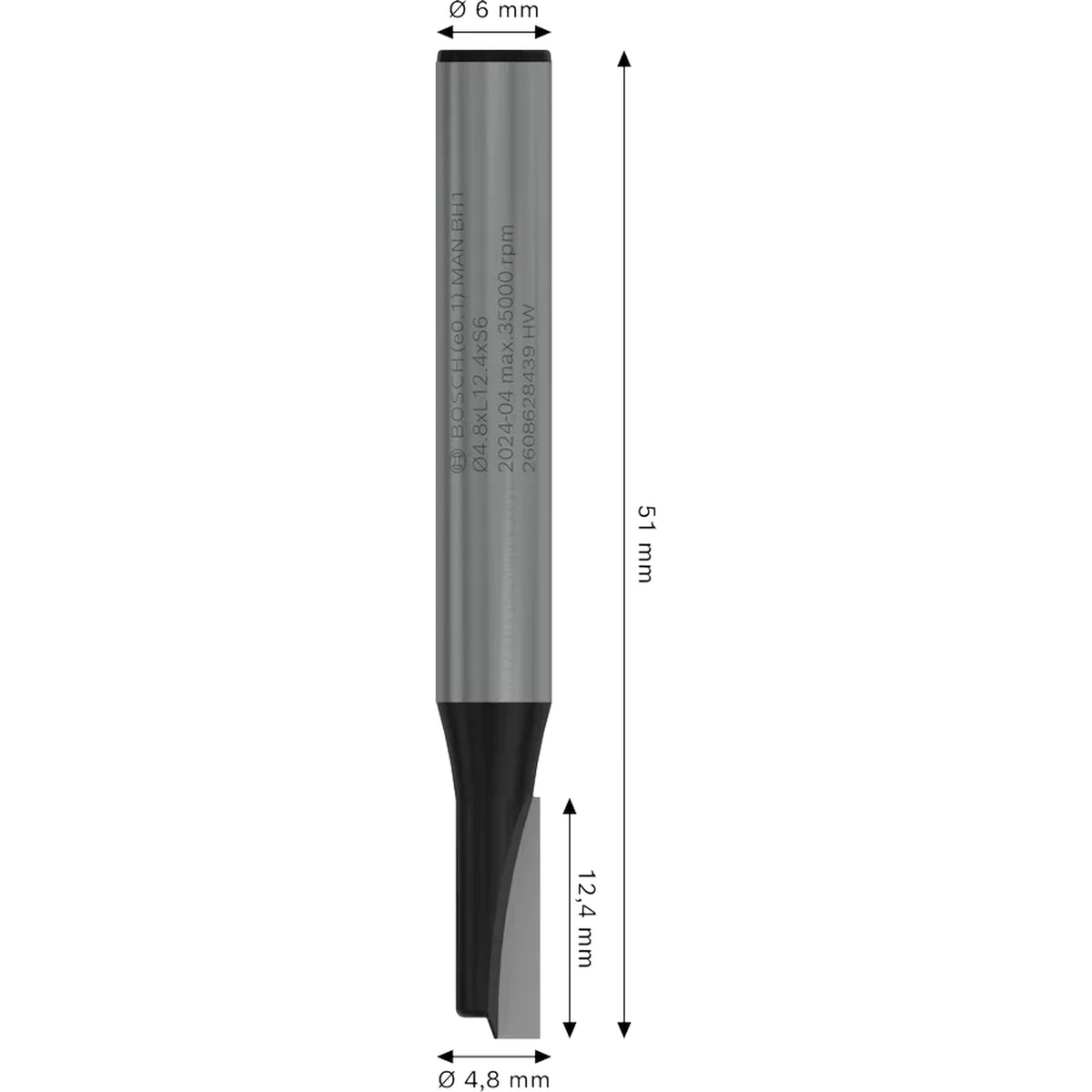 BOSCH PRO Router Straight Bit, One Flute, Ø 4.8 x L 12.4, Shank 6 mm 2608628439
