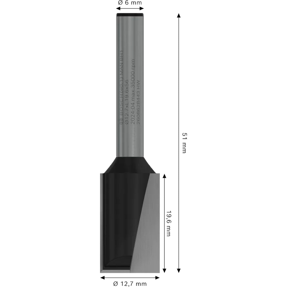 BOSCH PRO Router Straight Bit, Two Flutes, Ø 12.7 x L 19.6, Shank 6 mm 2608628443