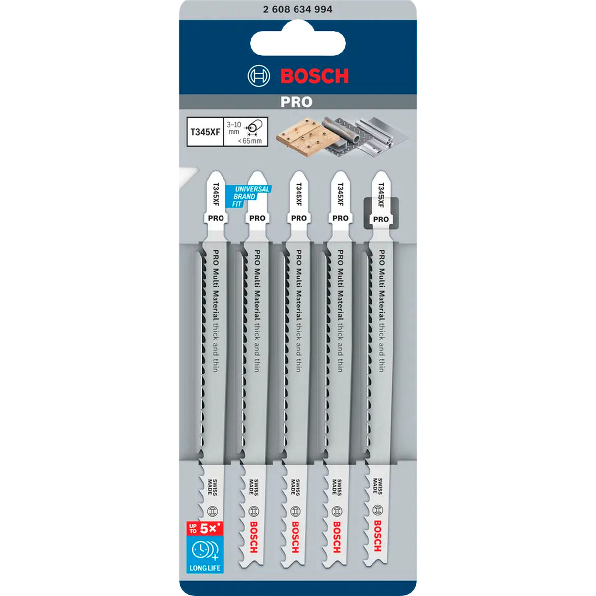 BOSCH PRO Multi Material thick and thin T345XF Jigsaw Blade, 132 mm, 5 pcs 2608634994