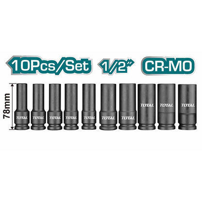 TOTAL THKISD12102L 10 Pcs 1/2″ Deep Impact Socket Set | طقم لقم تصلدمية طويلة 12 بوصه 10 قطع توتال