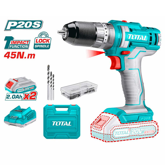 TOTAL TIDLI201452 Cordless Impact Drill 20V/2Ah/45Nm | شنيور دقاق 2 بطارية توتال 20 فولت 2 أمبير 45 نيوتن