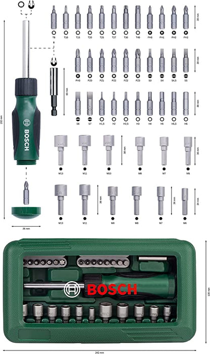 BOSCH 2607019504 Screwdriver, Set of 46 Pieces (Assorted Color) طقم سنون مفك و لقم 46 قطعه مع مفك سيستيم من بوش