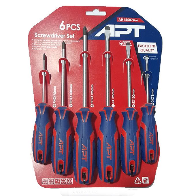 APT AH145074-6 screwdrivers set 6 PCs | طقم مفكات عادة و صليبة 6 قطع يد كاوتش