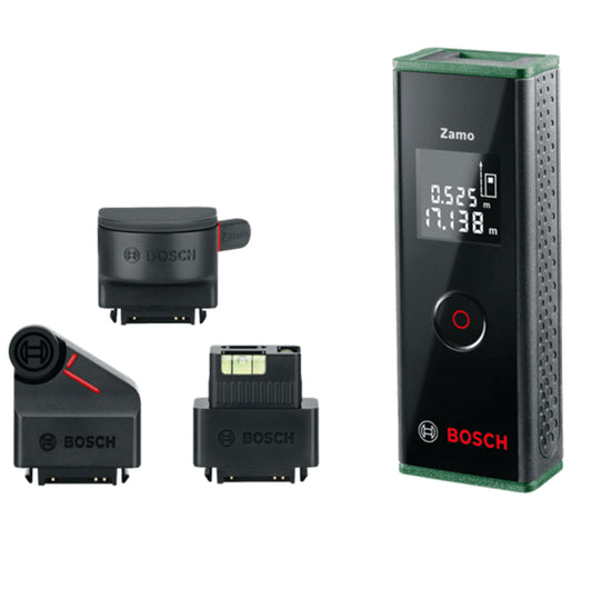 BOSCH Zamo 3 set | جهاز قياس المسافات مع عجلة قياس الانحرافات و الدوائر و وظيفة الليزر الخطي